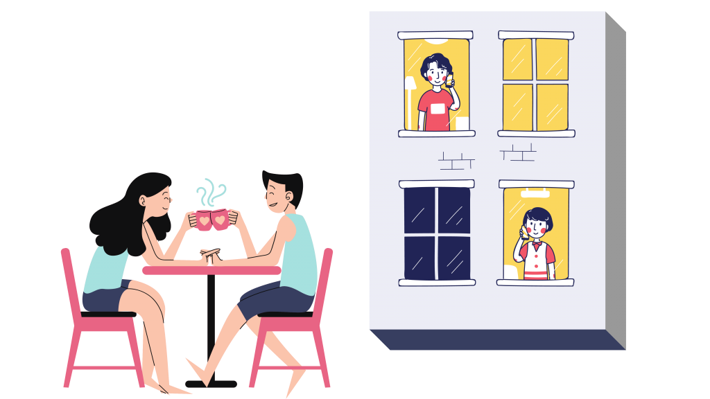 Examples of the love language, quality time, would be spending time together at a table, chatting and drinking. You can also talk to each other on the phone late at night if you're too busy to meet up.